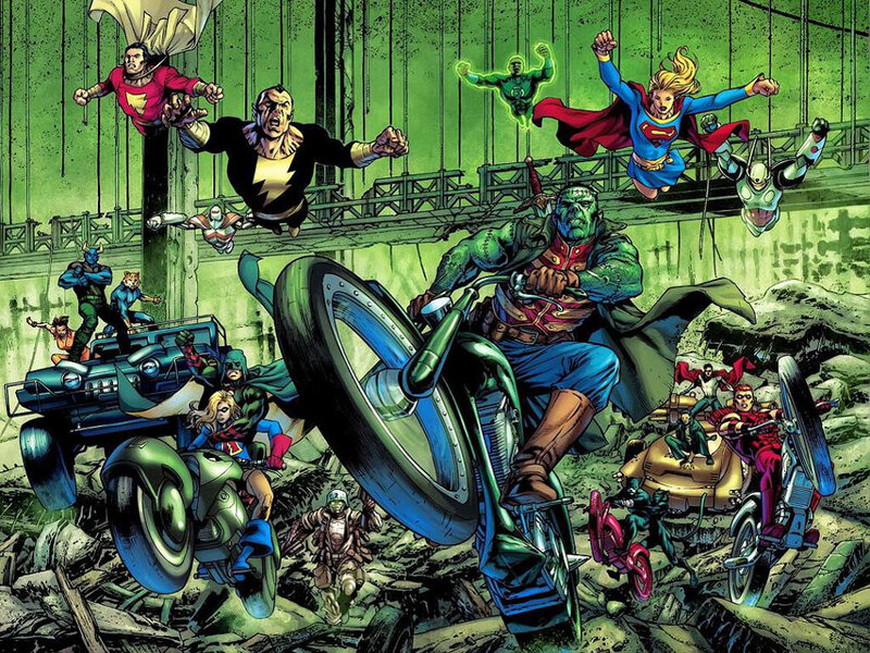 Superheroes in Action — Green, Chaotic, Dramatic