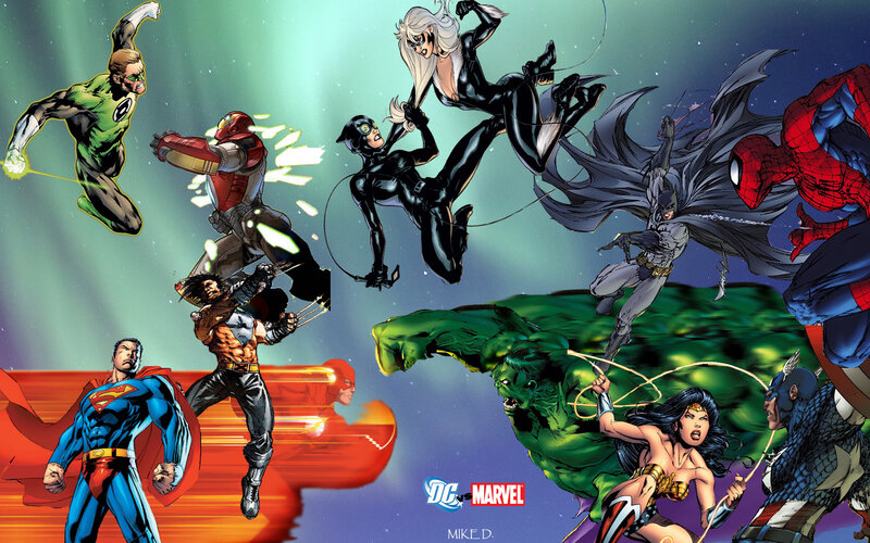 Superheroes in Action — Green, Dramatic, Comic, Comic Book Art