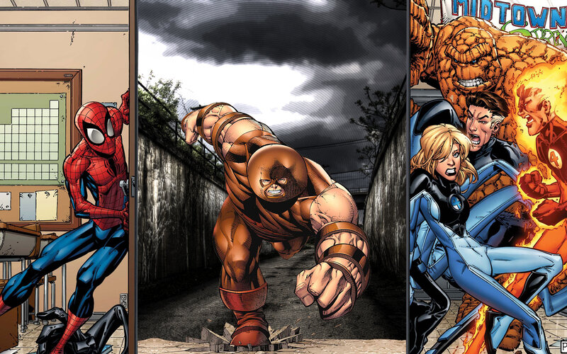Superheroes in action panels