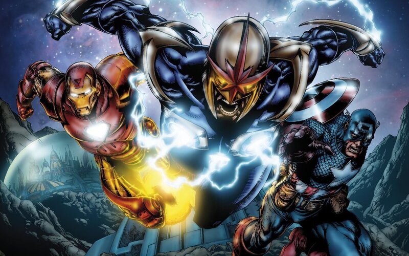 Superheroes in Battle — Blue, Dramatic, Night, Comic, Iron Man