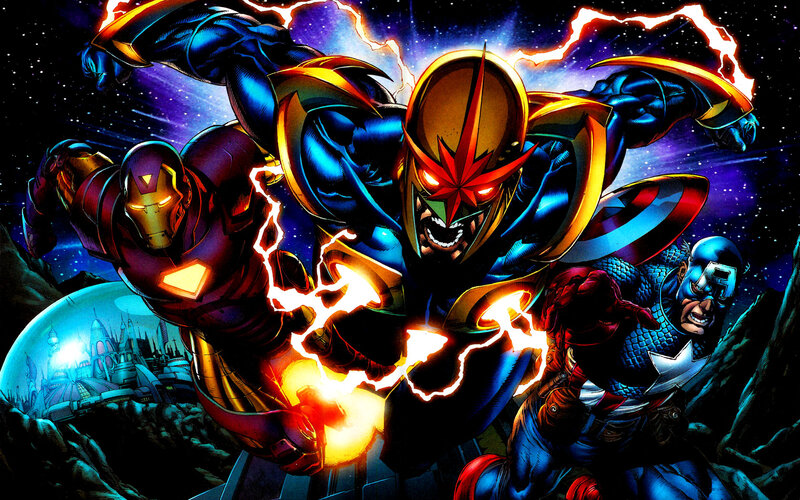 Superheroes in Battle — Blue, Dramatic, Night, Comic, Lightning
