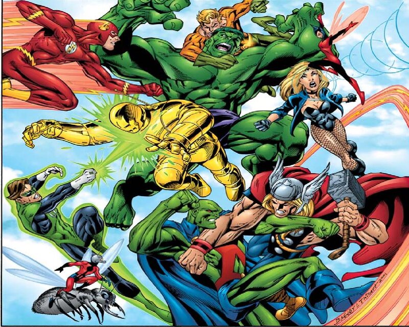 Superheroes in Battle — Green, Dramatic, Comic, Comic Book Art