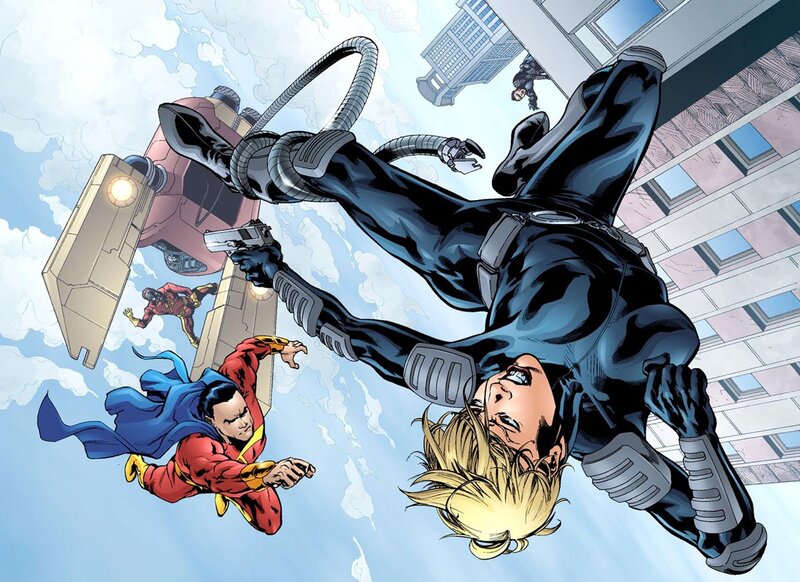 Superheroes in Flight — Blue, Dramatic, Afternoon, Comic
