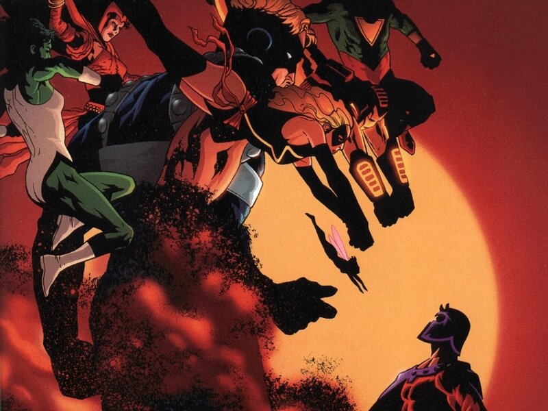 Superheroes in Flight — Red, Dramatic, Sunset, Comic