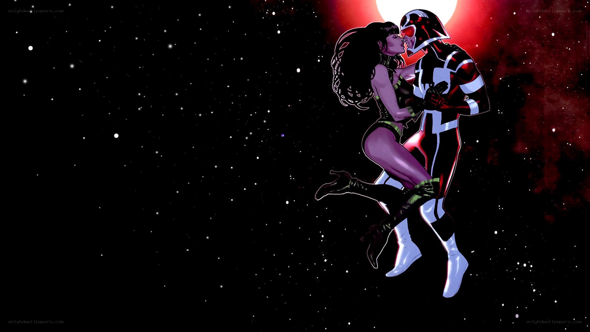 superheroes kissing in space