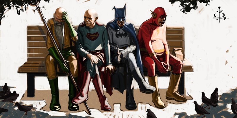 Superheroes on a bench