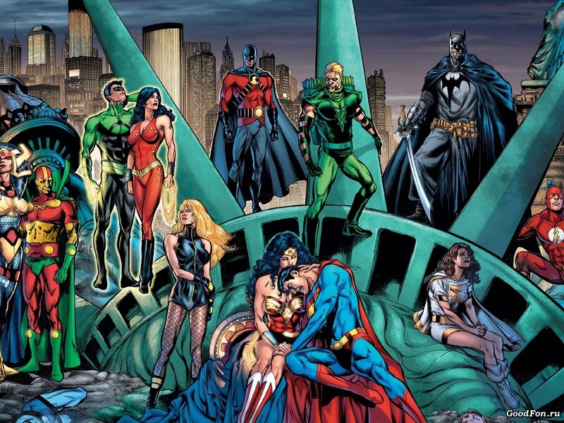 Superheroes on Broken Statue