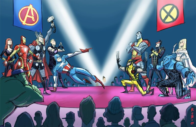 Superheroes on Stage — Blue, Dramatic, Digital Art