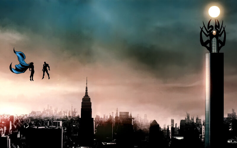 Superheroes over city skyline