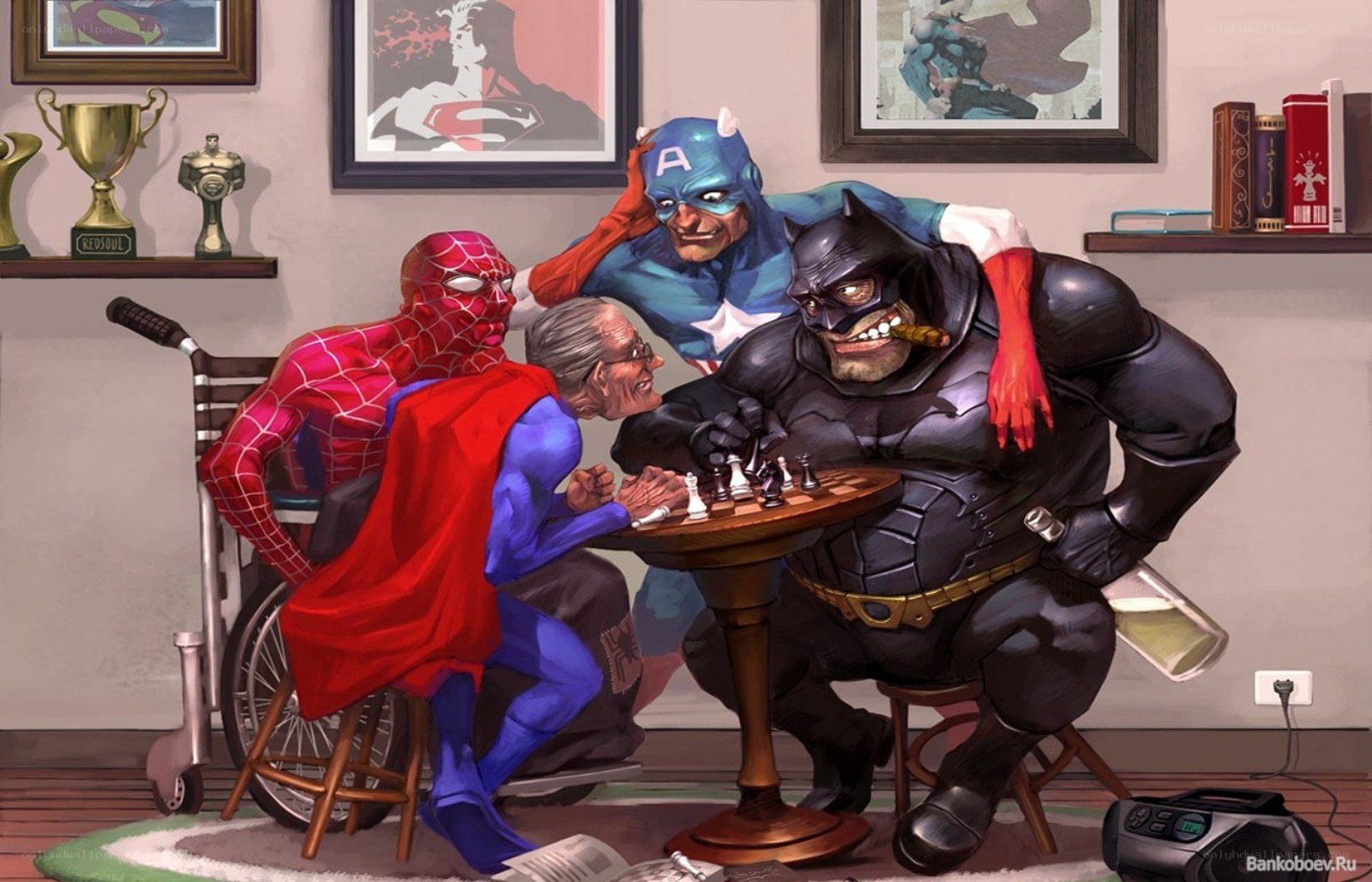 Superheroes playing chess