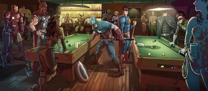 Superheroes Playing Pool