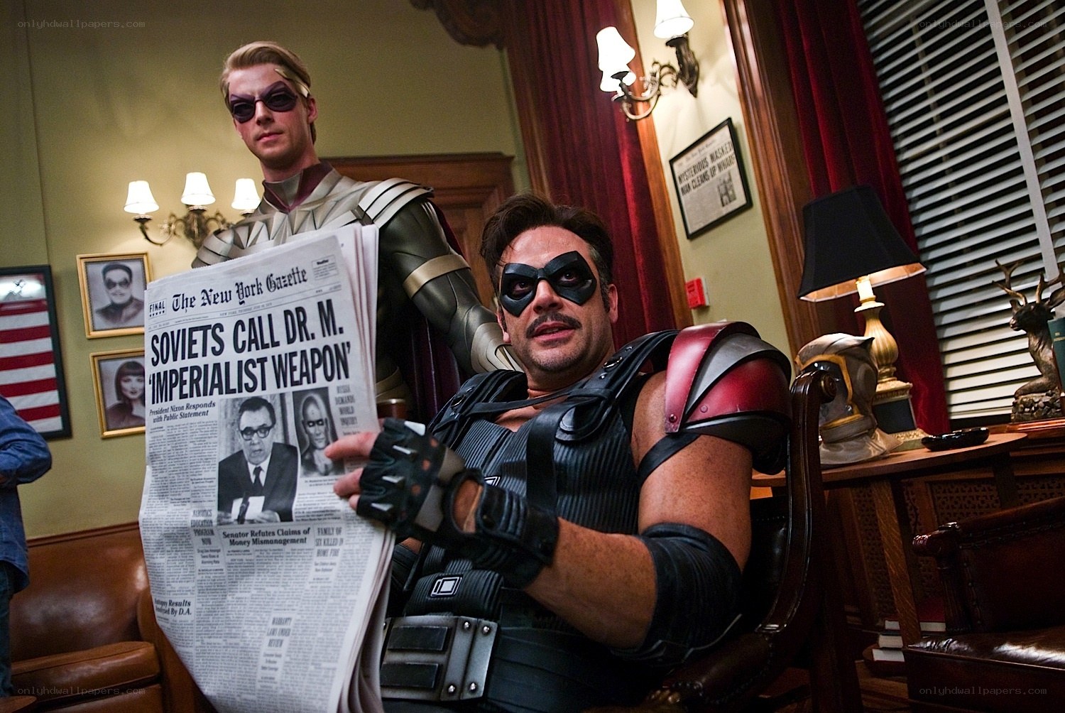 Superheroes reading newspaper