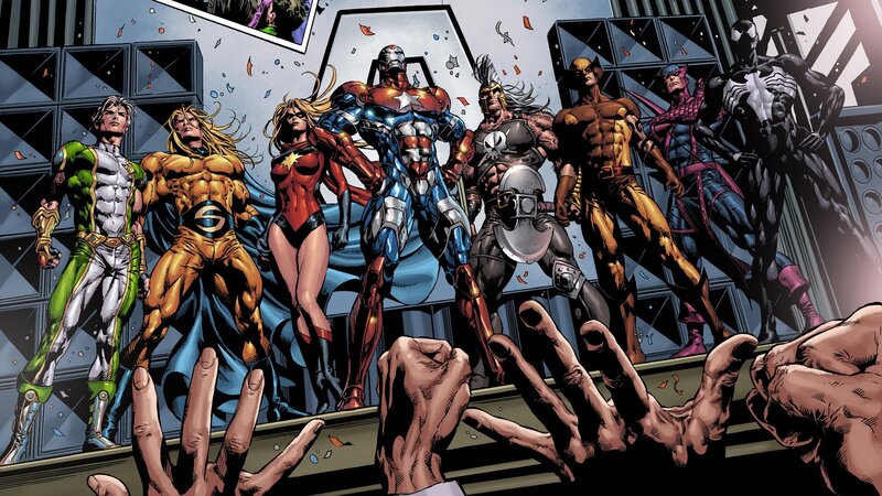 Superheroes Standing Together — Blue, Dramatic, Comic, Comic Book Art, Hands Reaching Up