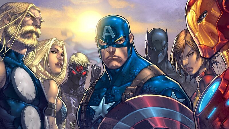 Superheroes Standing Together — Blue, Dramatic, Sunset, Comic, Captain America, Thor, Black Widow