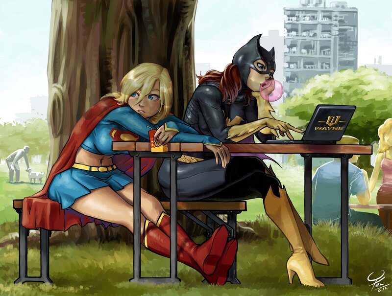 Superheroines at Picnic Table — Blue