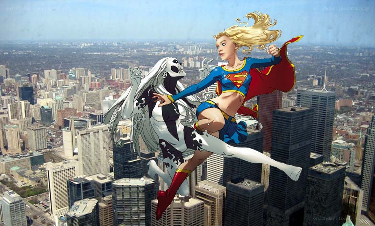 Superman and a ghostly figure in flight