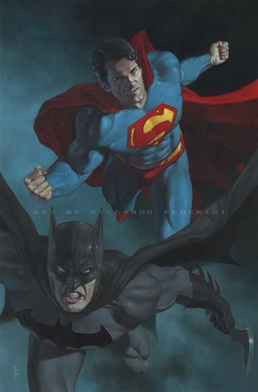 Superman and Batman — Blue, Dramatic, Night, Illustration