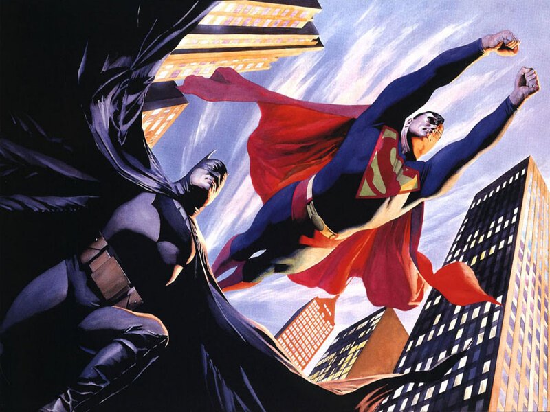 Superman and Batman Flying — Red, Dramatic