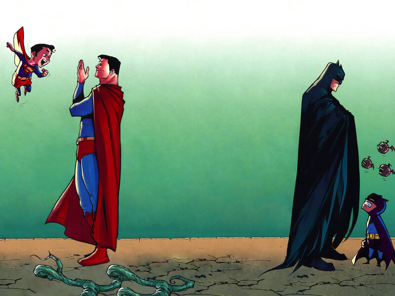 Superman and Batman with mini heroes