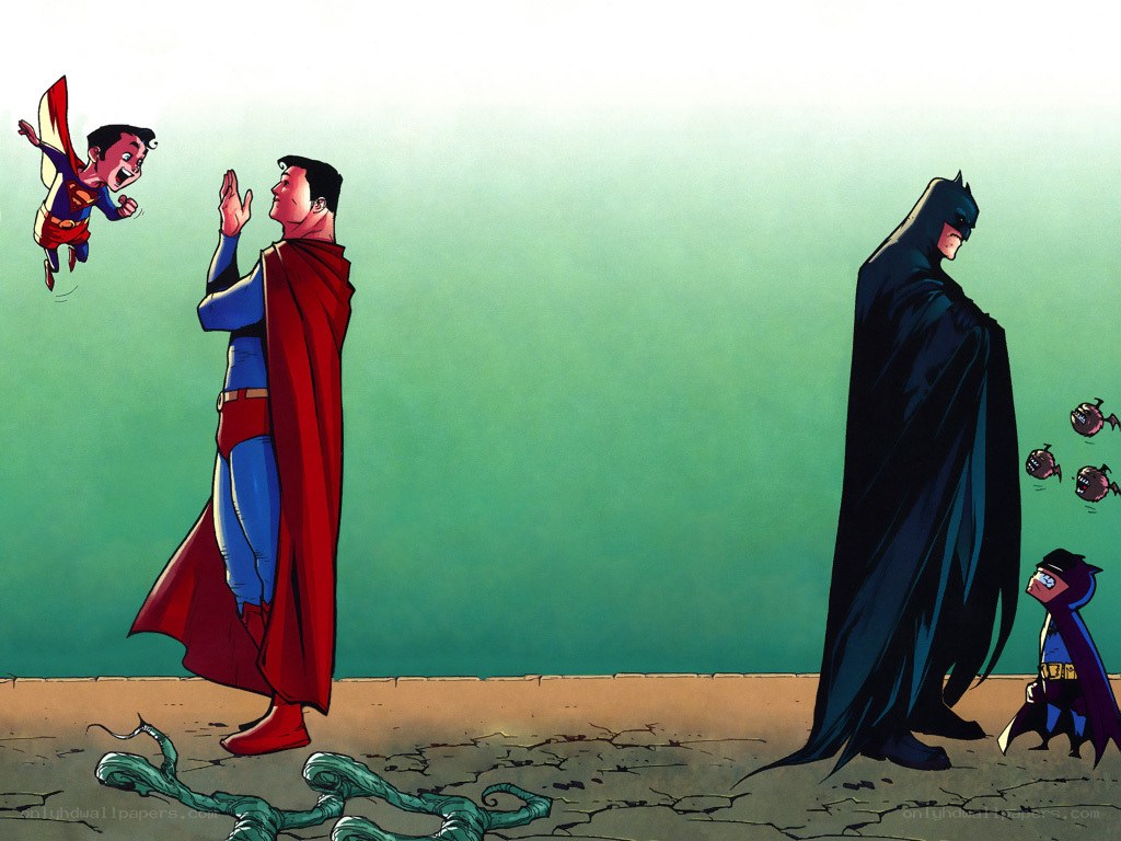 Superman and Batman with mini heroes