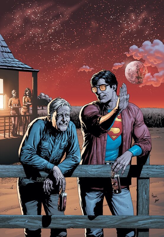 Superman and Clark Kent on a porch