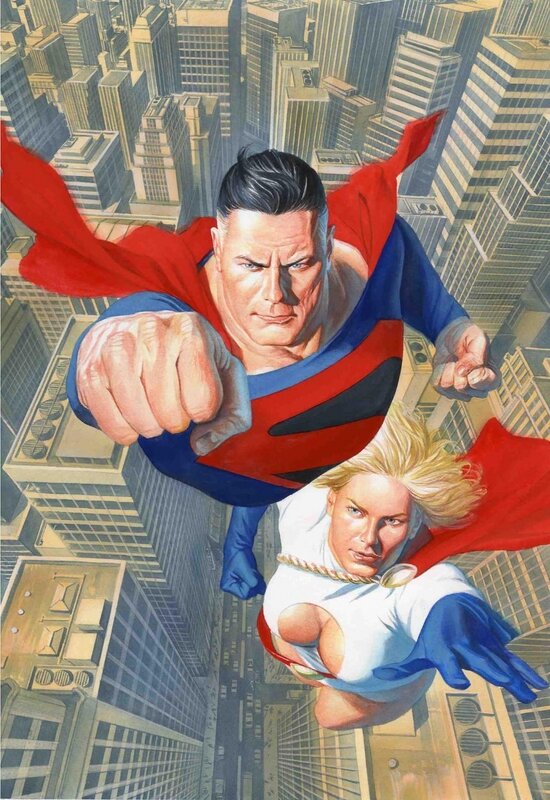 Superman and Supergirl flying over city