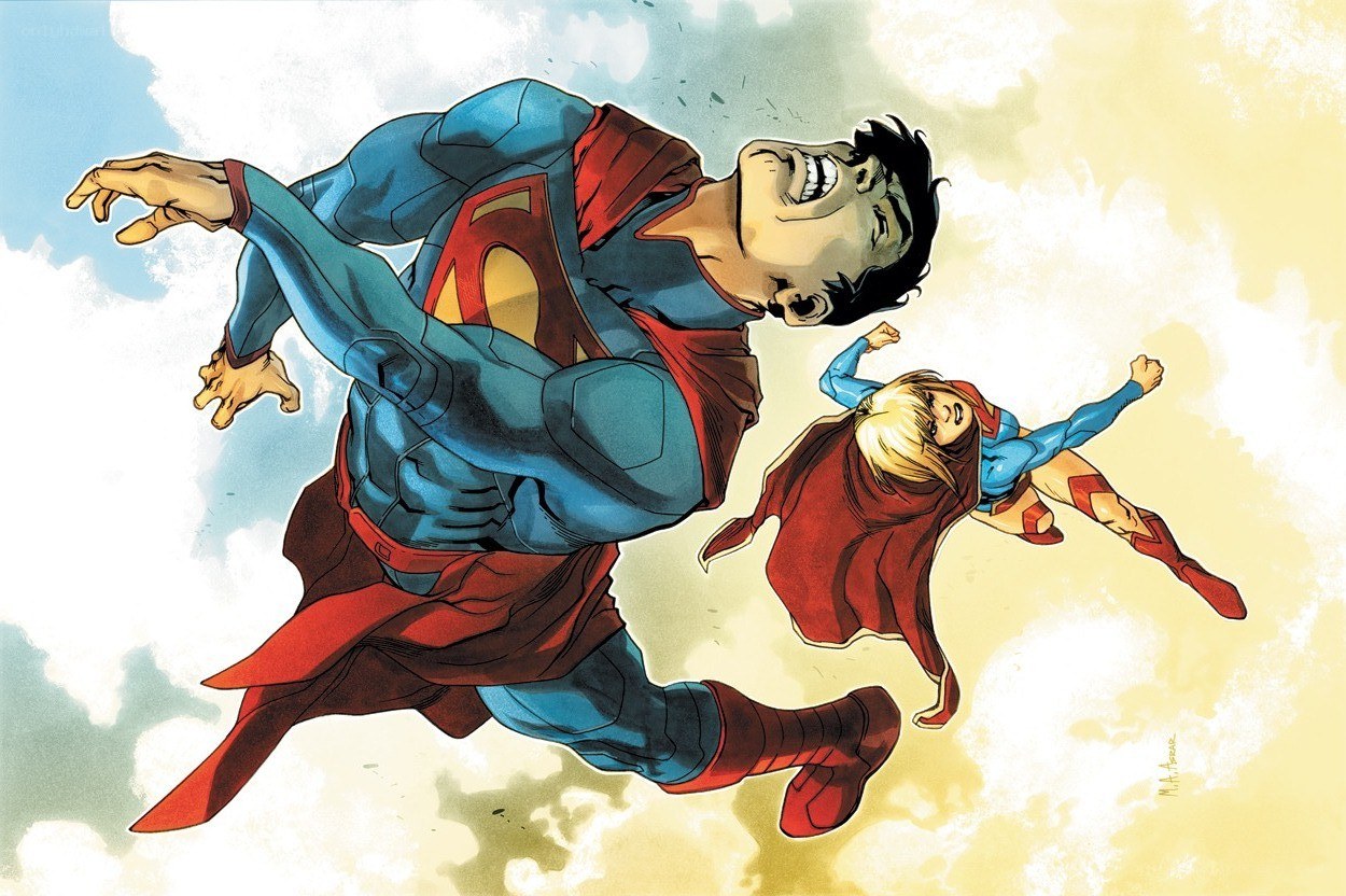 Superman and Supergirl in flight