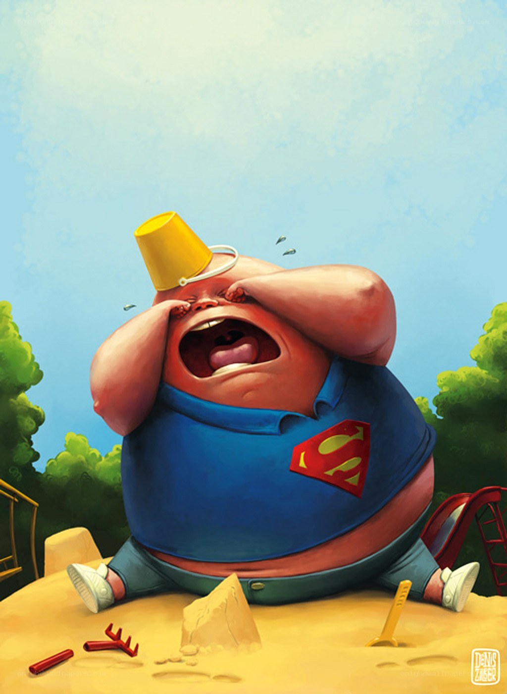 Superman crying in sand