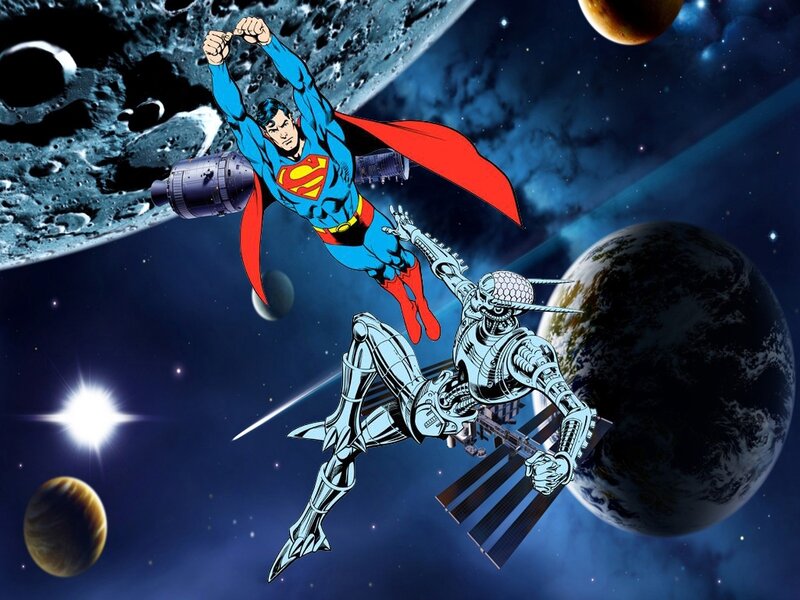Superman Fighting Robot — Blue, Dramatic, Night