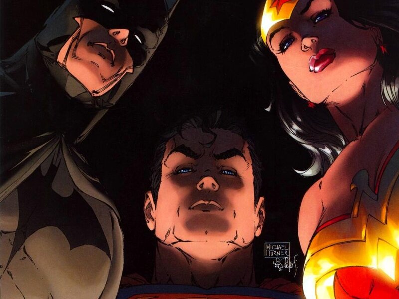 Superman flanked by Batman and Wonder Woman