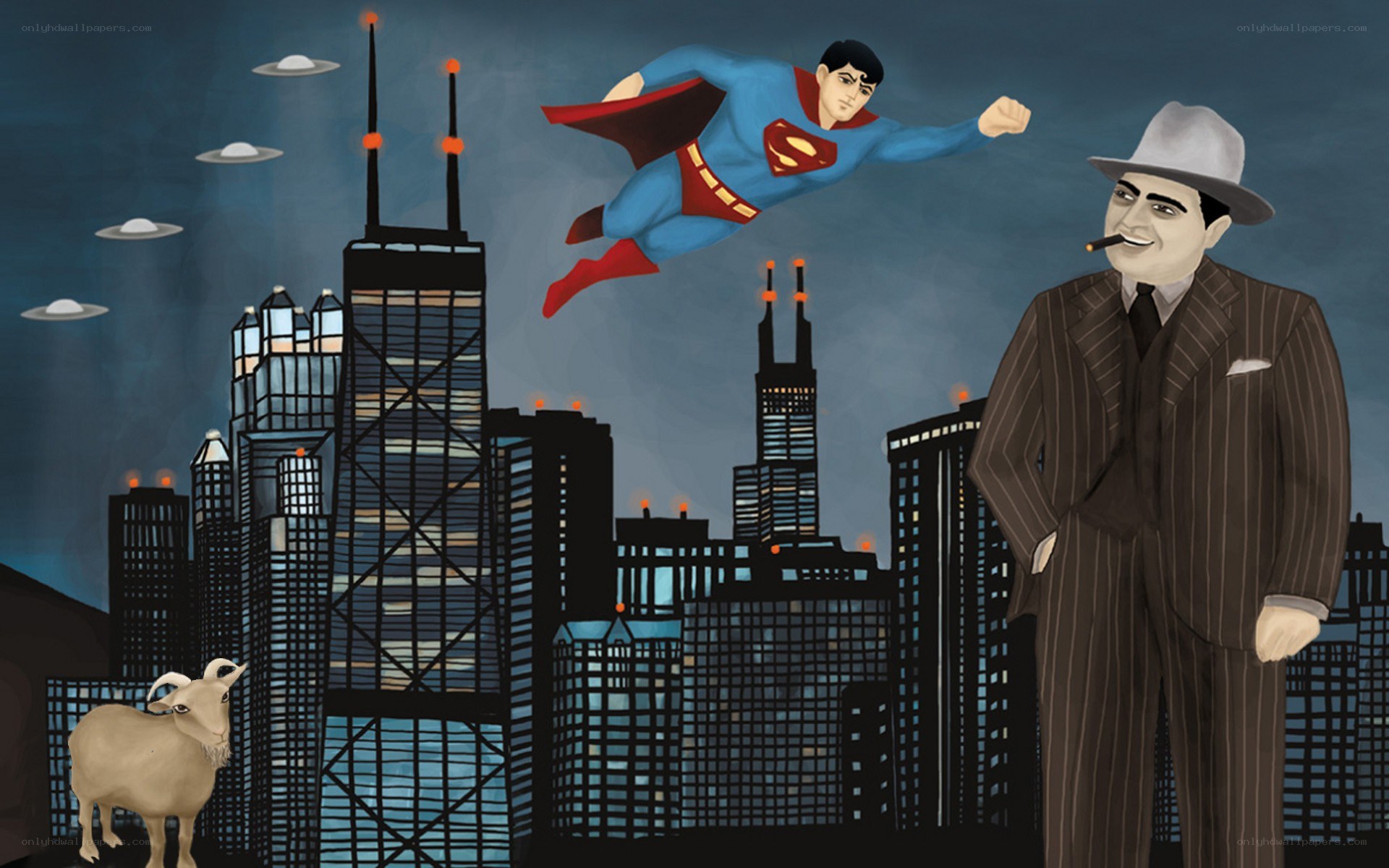 Superman flies over city