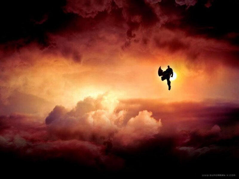 Superman flying at sunset