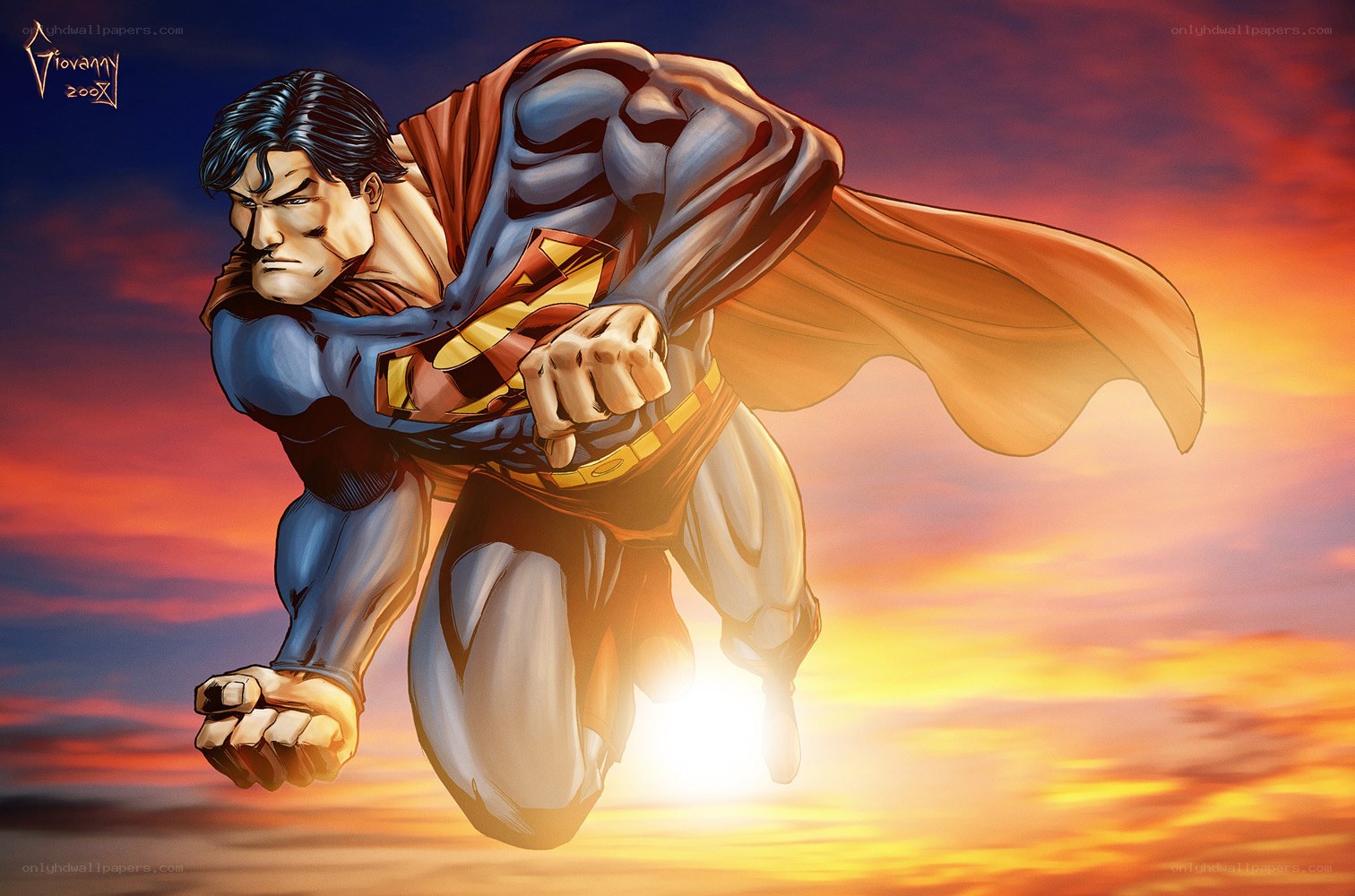Superman flying at sunset