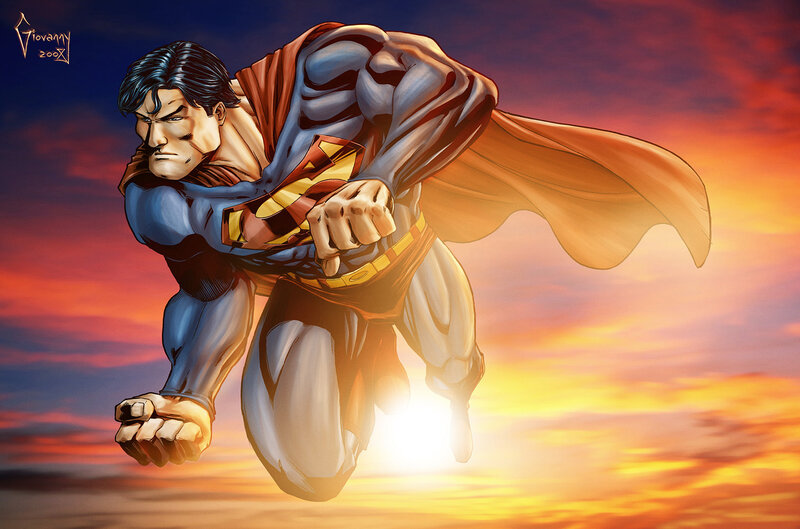 Superman Flying — Blue, Dramatic, Sunset, Comic