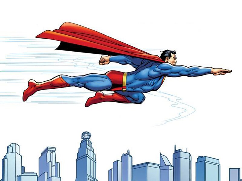 Superman Flying — Blue, Dynamic, Comic, City Skyline