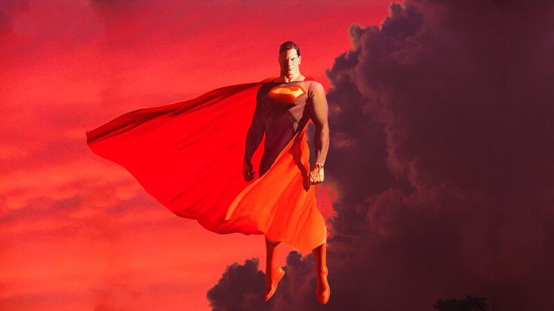 Superman flying in red sky