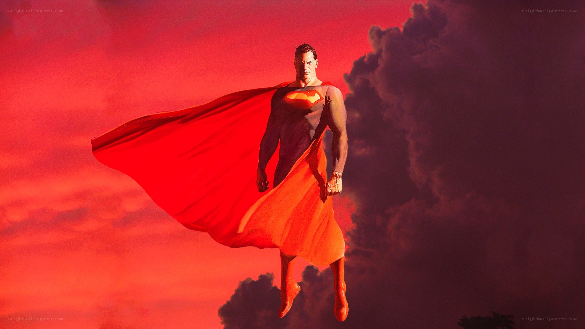 Superman flying in red sky