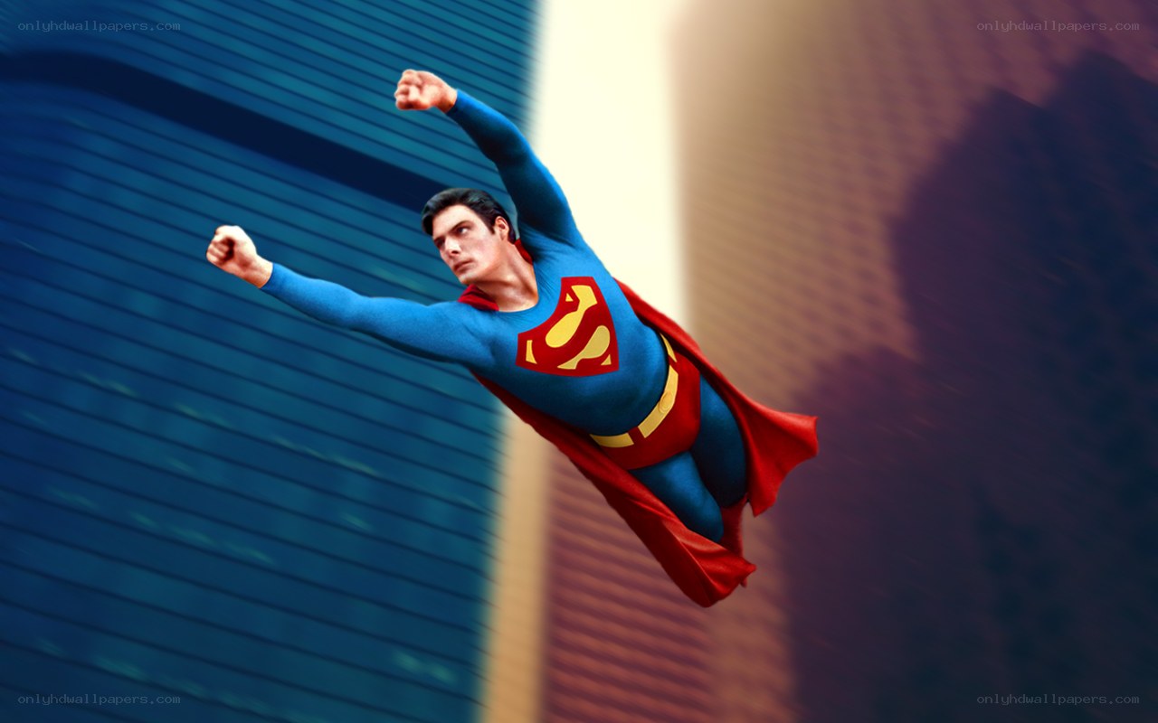 Superman flying over city