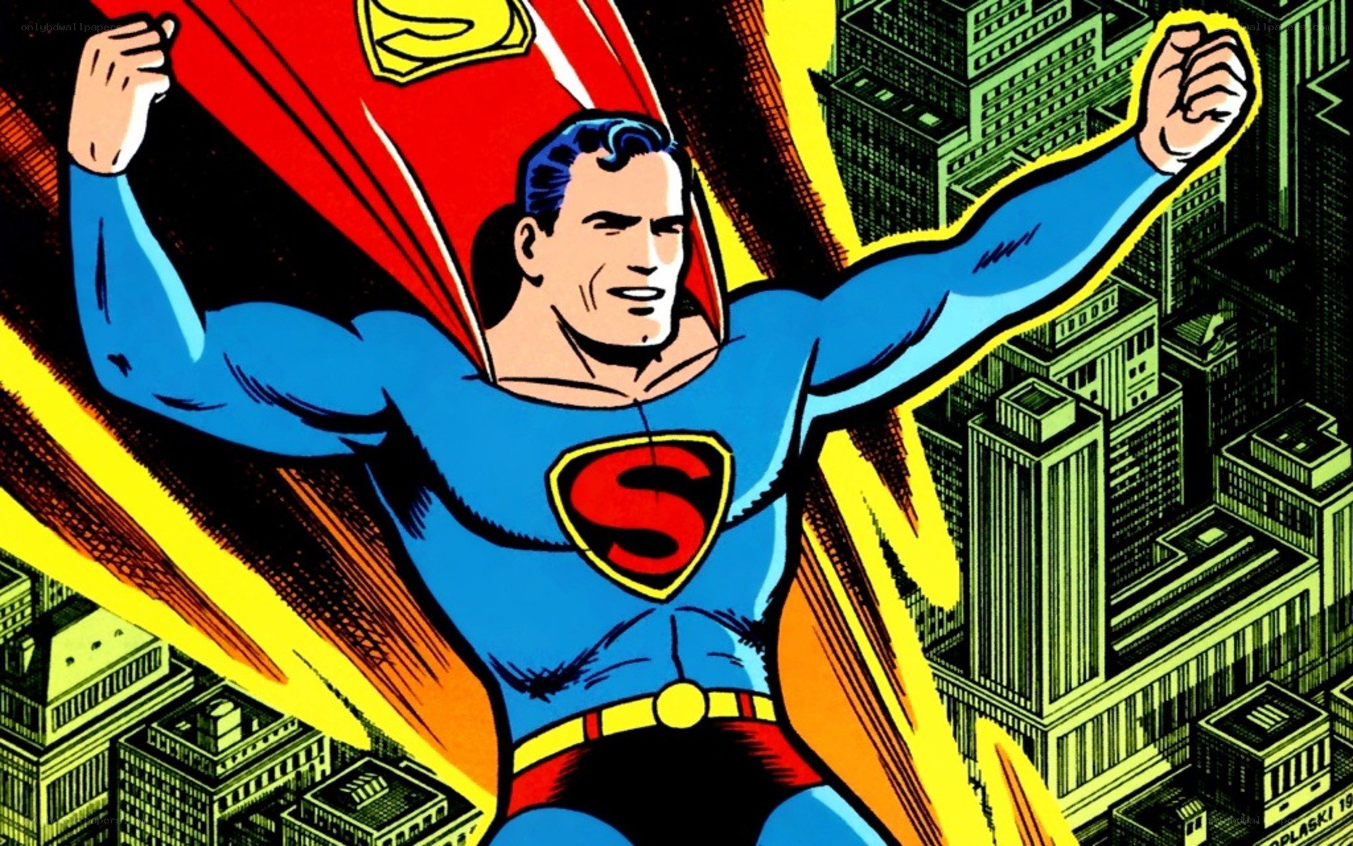Superman flying over city