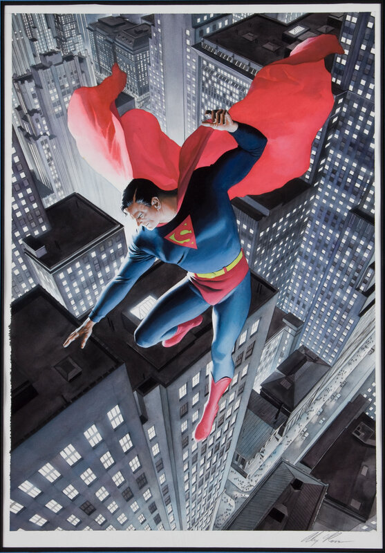 Superman flying over city