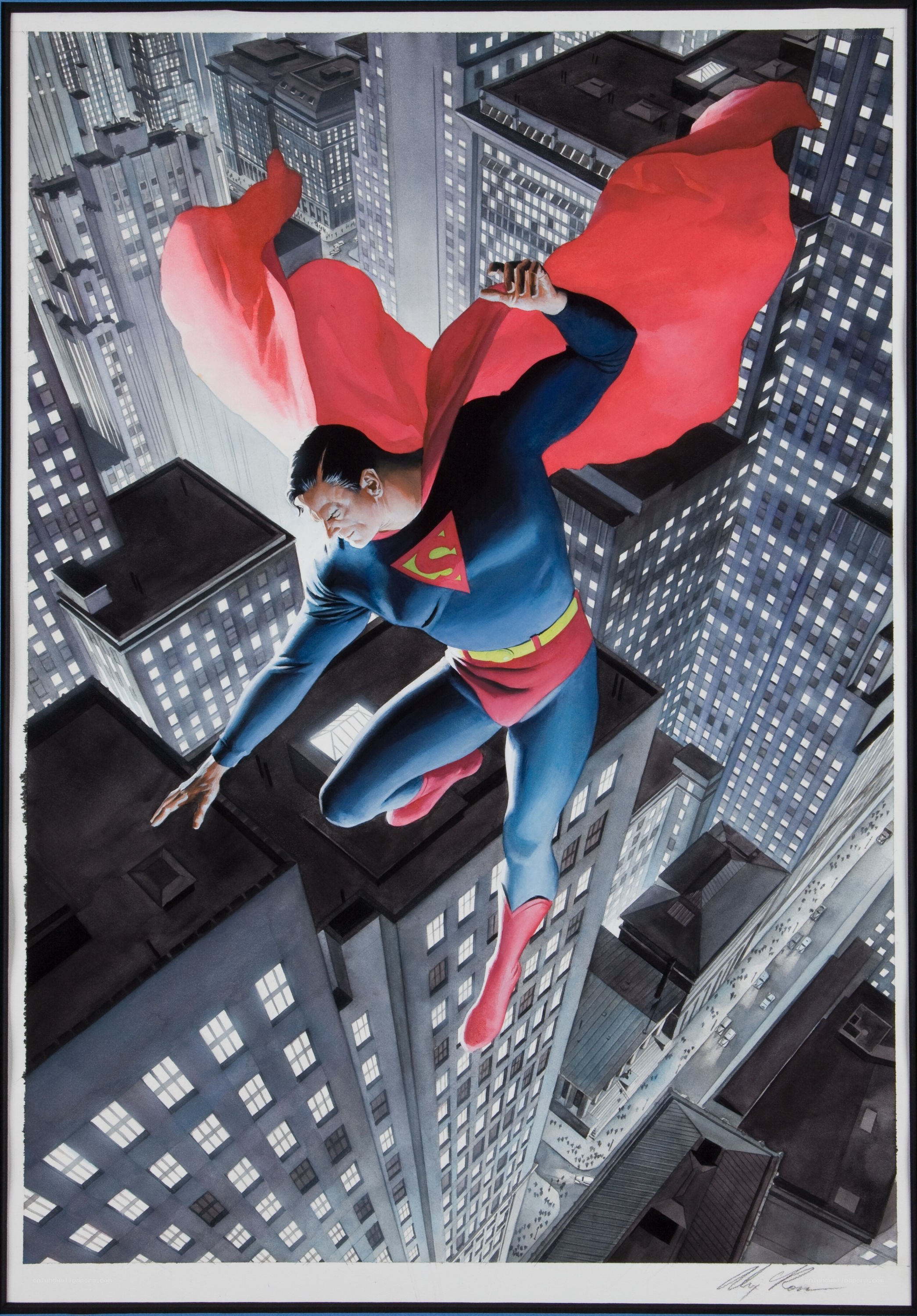 Superman flying over city