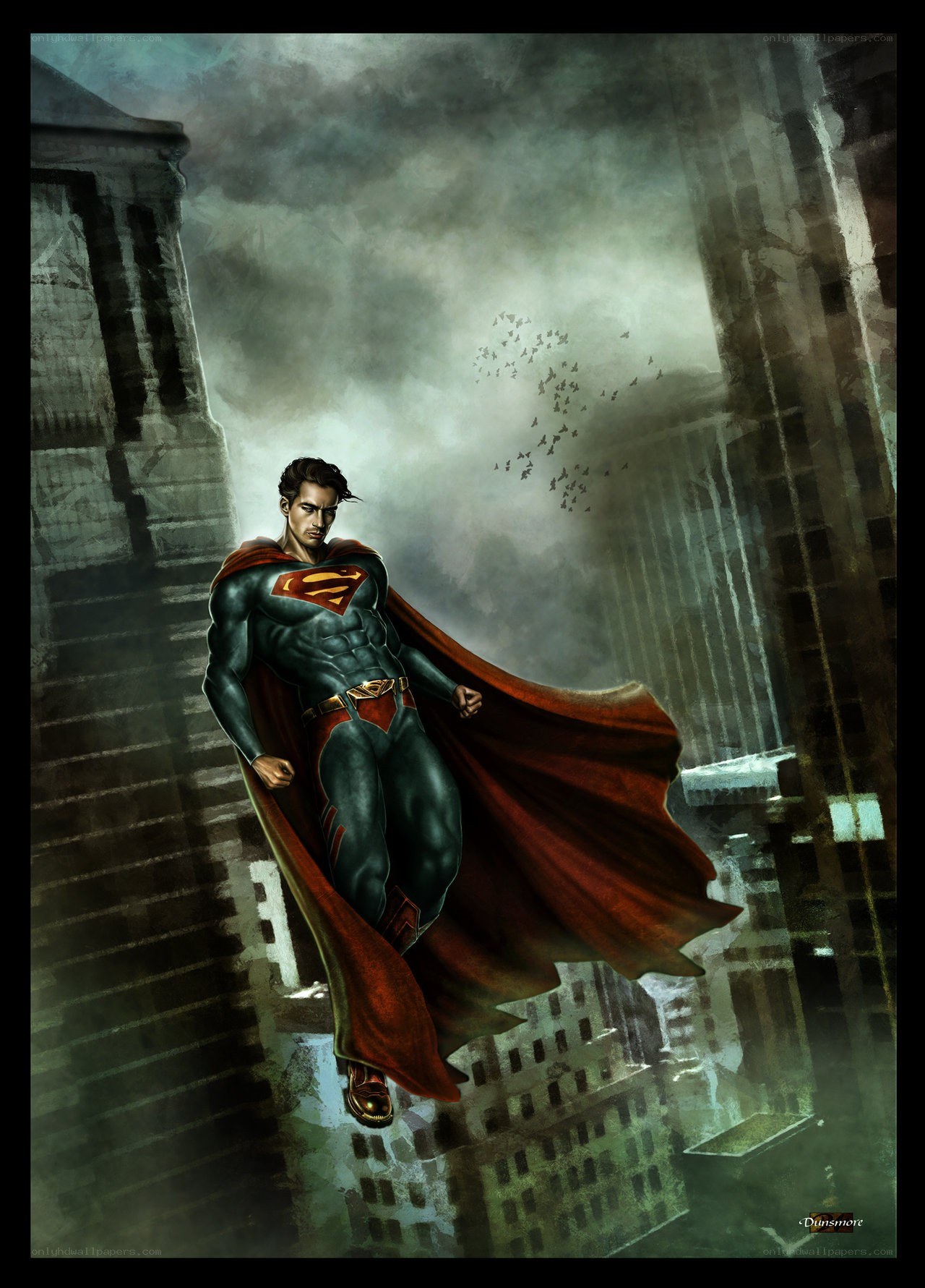 Superman flying over city