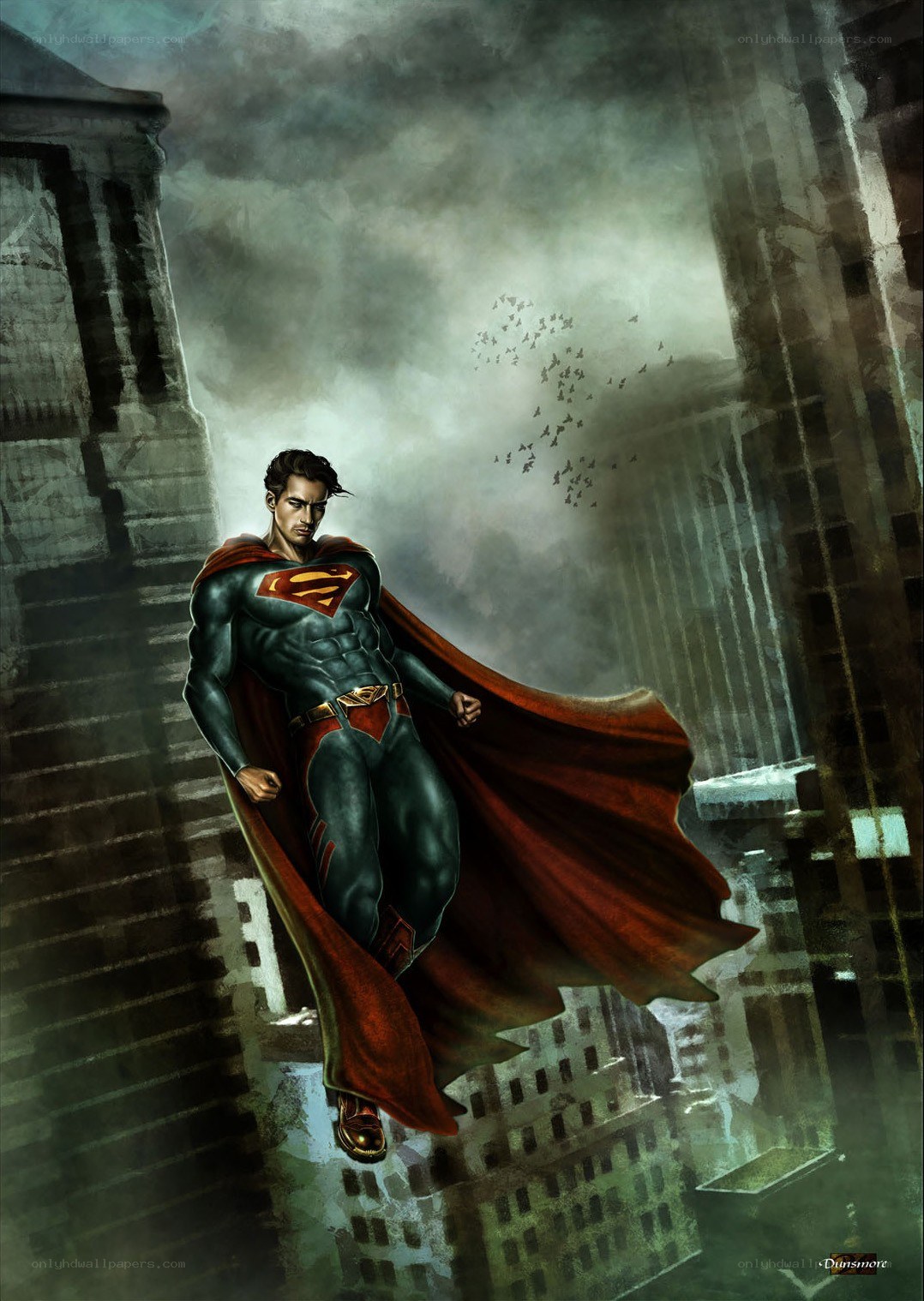 Superman flying over city