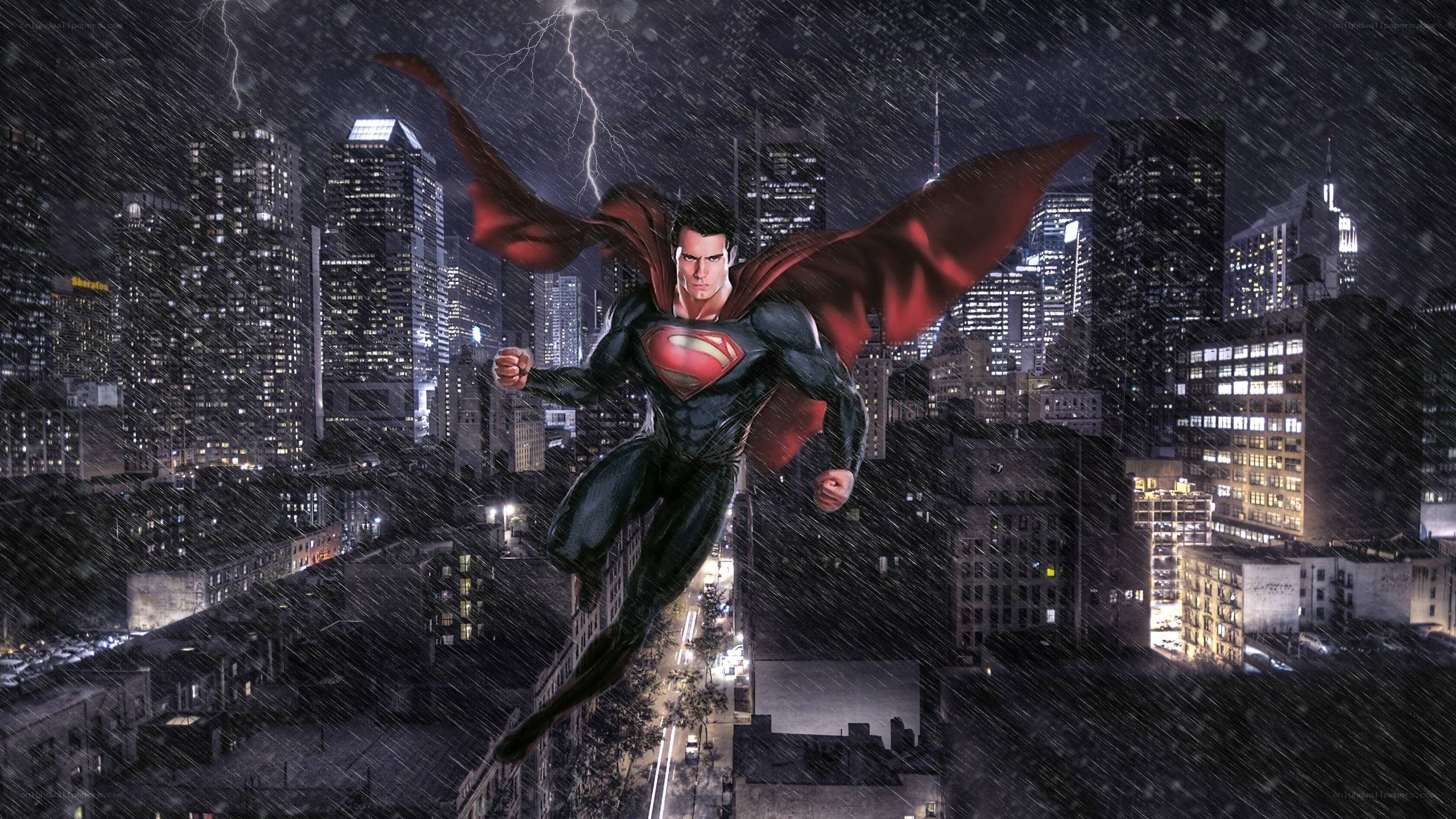 Superman flying over city