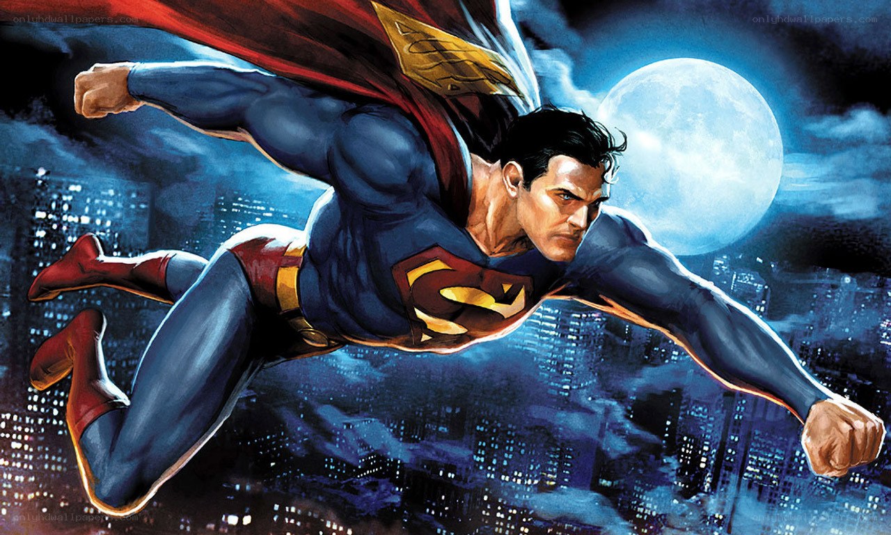 Superman flying over city