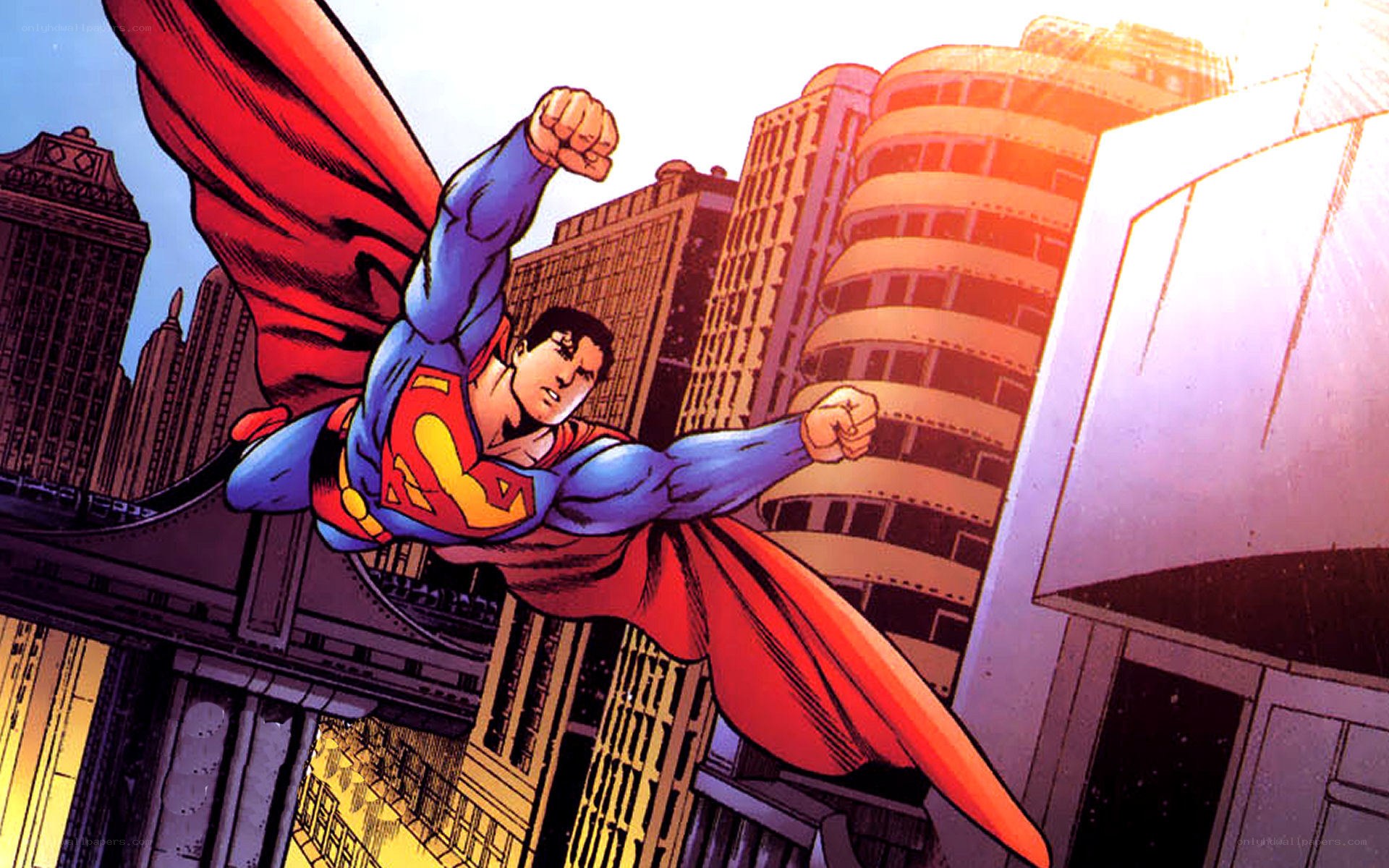 Superman flying over city