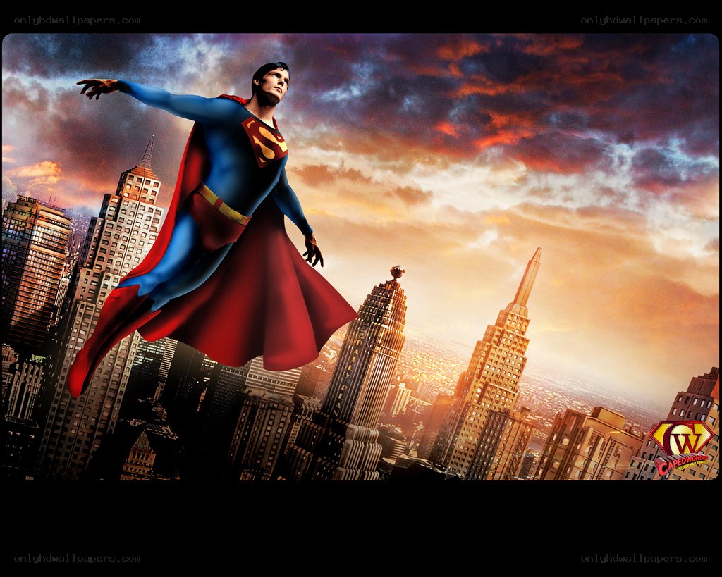 Superman flying over city