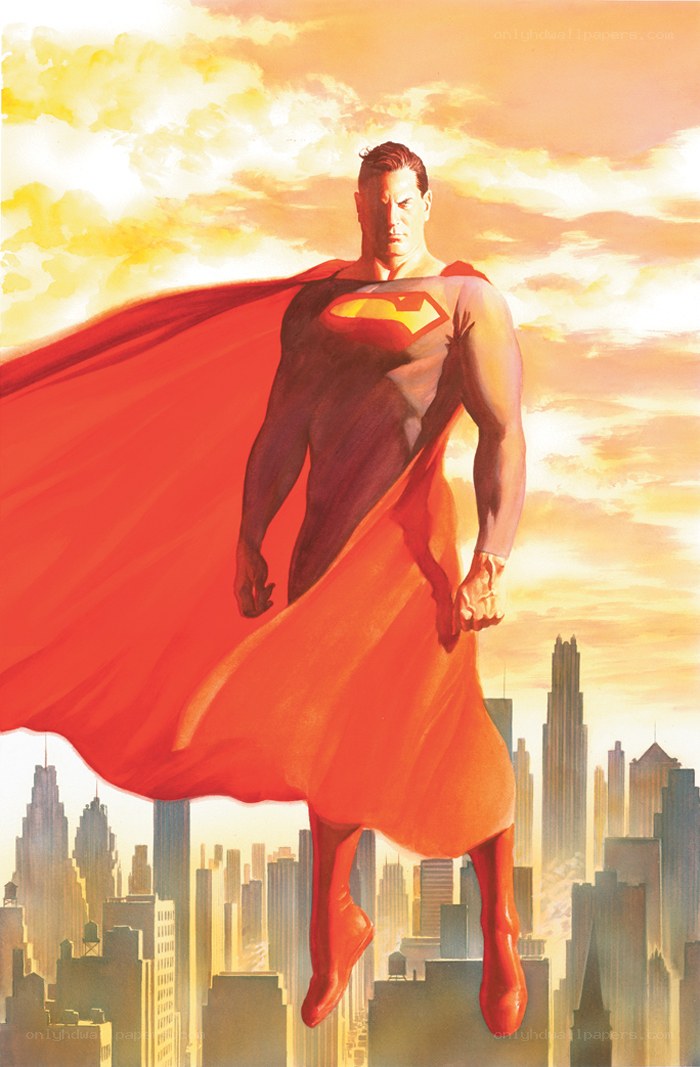 Superman flying over city