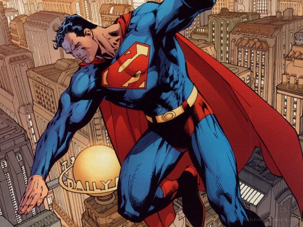 Superman flying over city