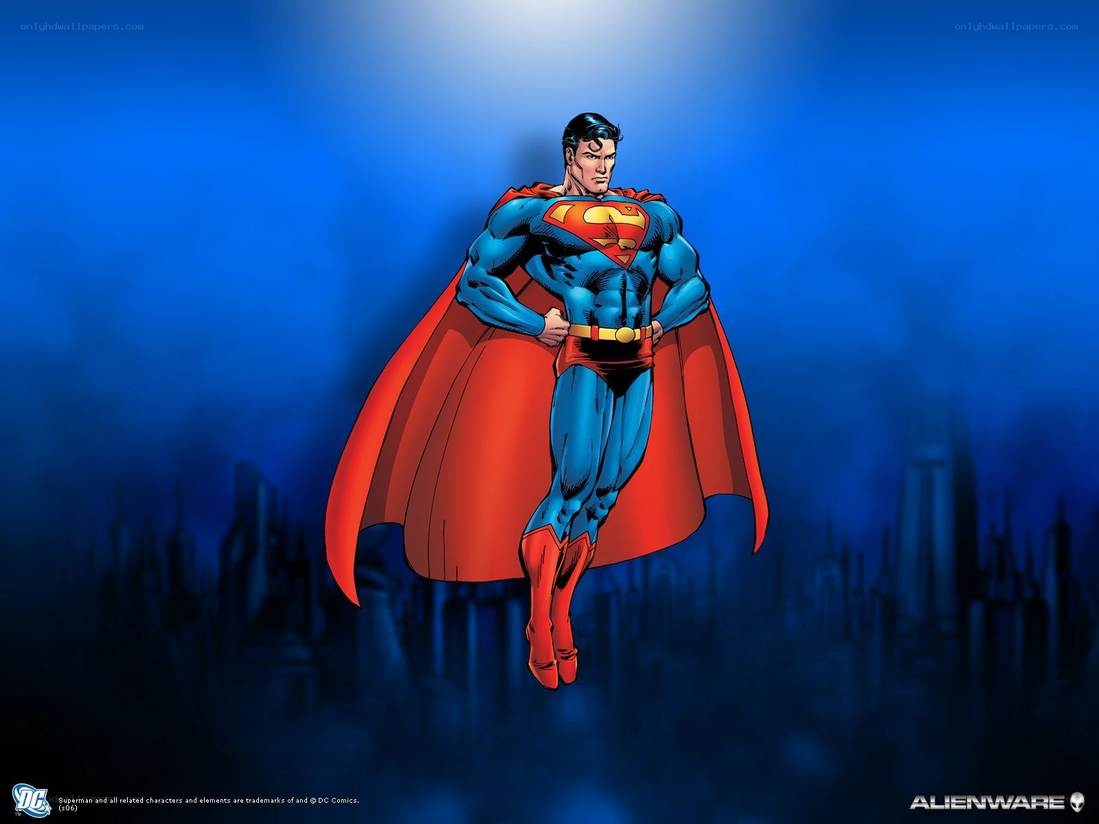 Superman flying over city